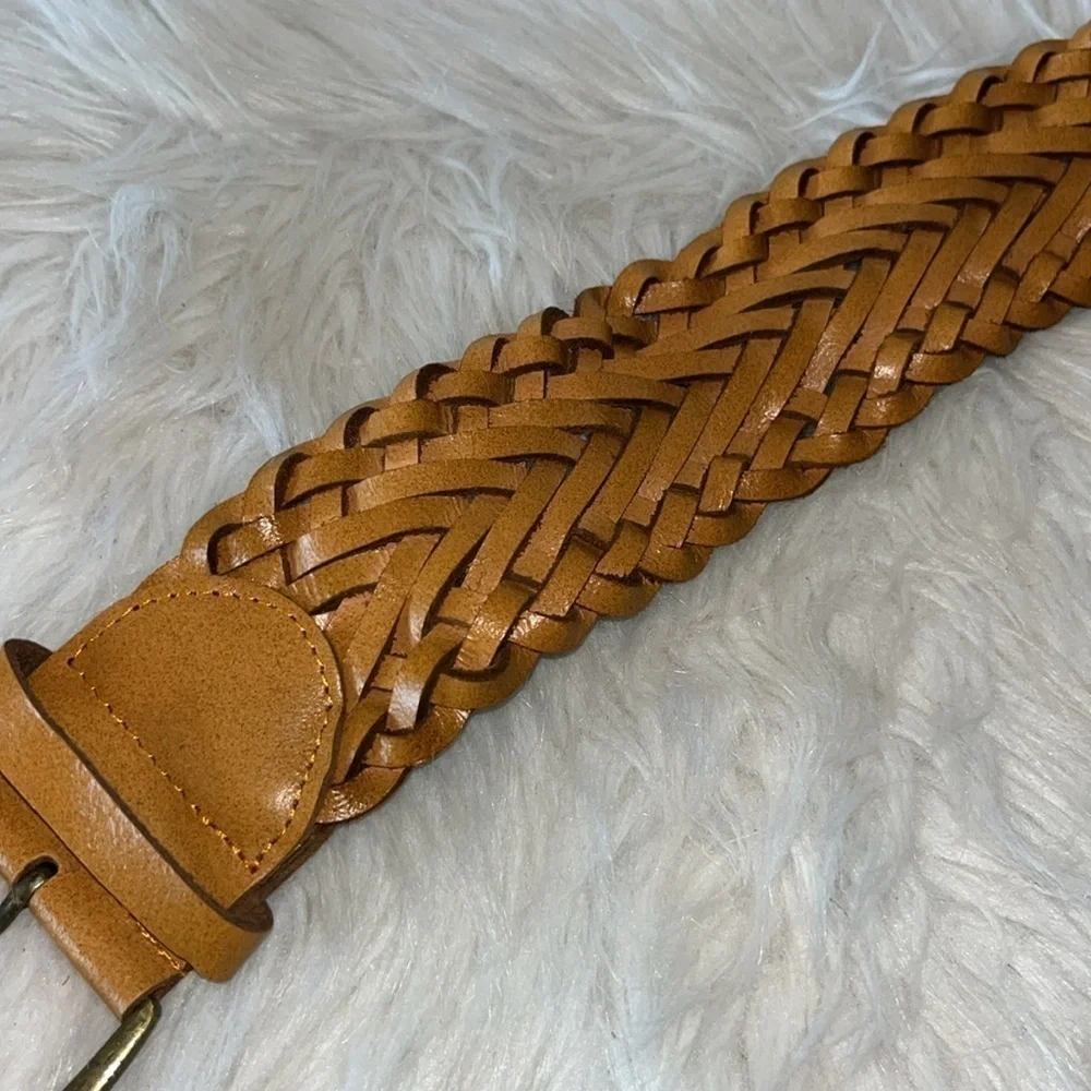 Wide tan leather braided belt boho hippie western size Medium